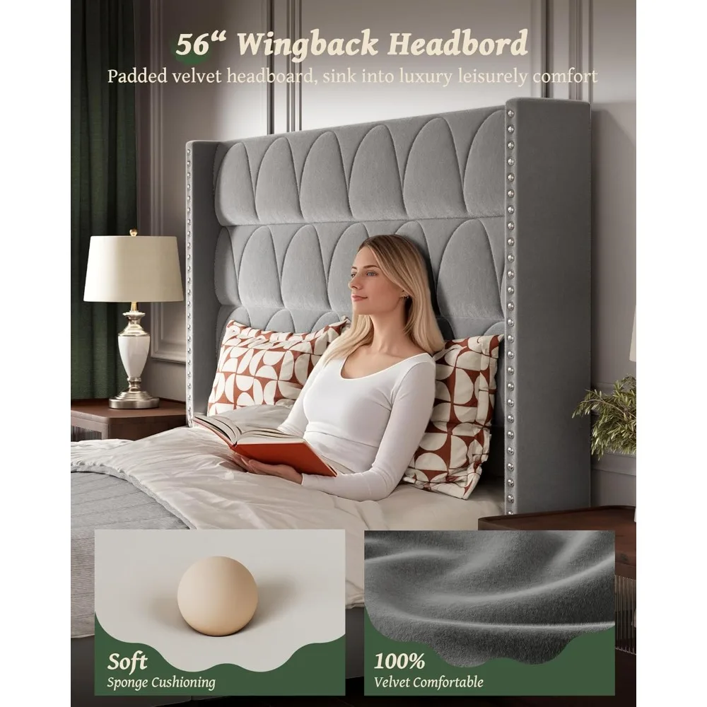 إطار سرير بحجم كينج مع لوح رأسي مقاس 56 بوصة - دعم سعة 1000 رطل، إطار سرير بمنصة جناح منجدة مخملية، خالي من الضوضاء، S