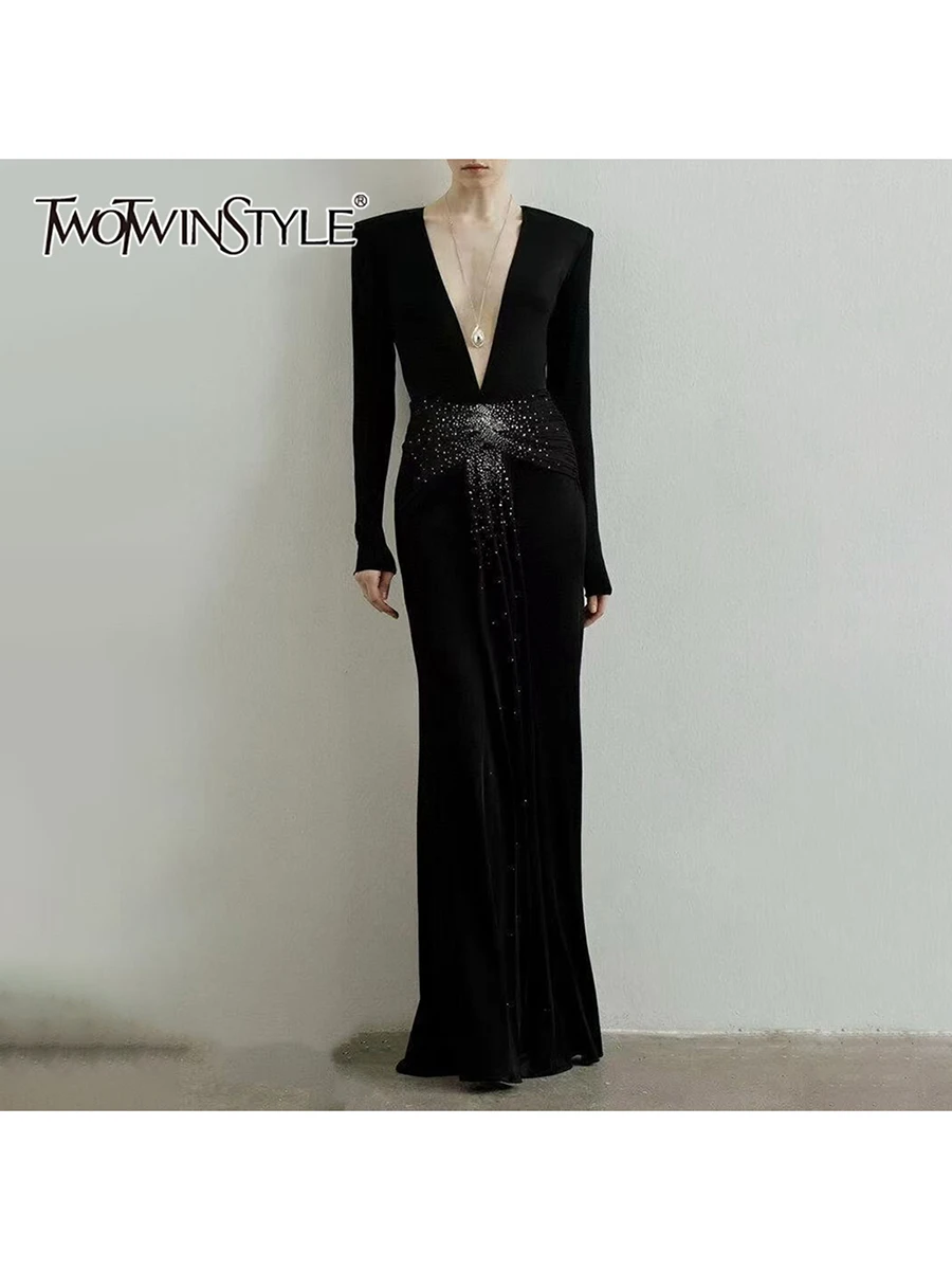 

TWOTWINSTYLE однотонные утягивающие элегантные платья для женщин с v-образным вырезом и длинными рукавами в стиле пэчворк, женское новое платье с гофрировкой