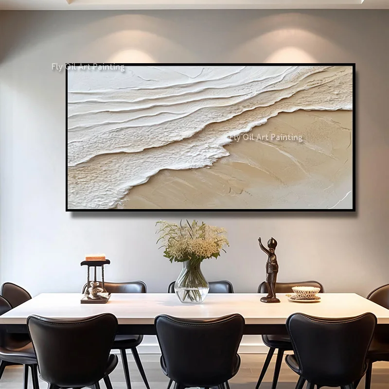 Handpainted Modern Light Blue Seawave And Beige Beaches Oil Painting On Canvas Large Fashion Sea View Wall Art For Room Decor