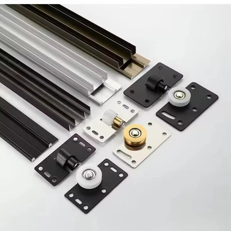 Thickened Cabinet Sliding Door Track, Upper Lower Silent Guide Rail Pulley Hardware for Wooden Sliding Door