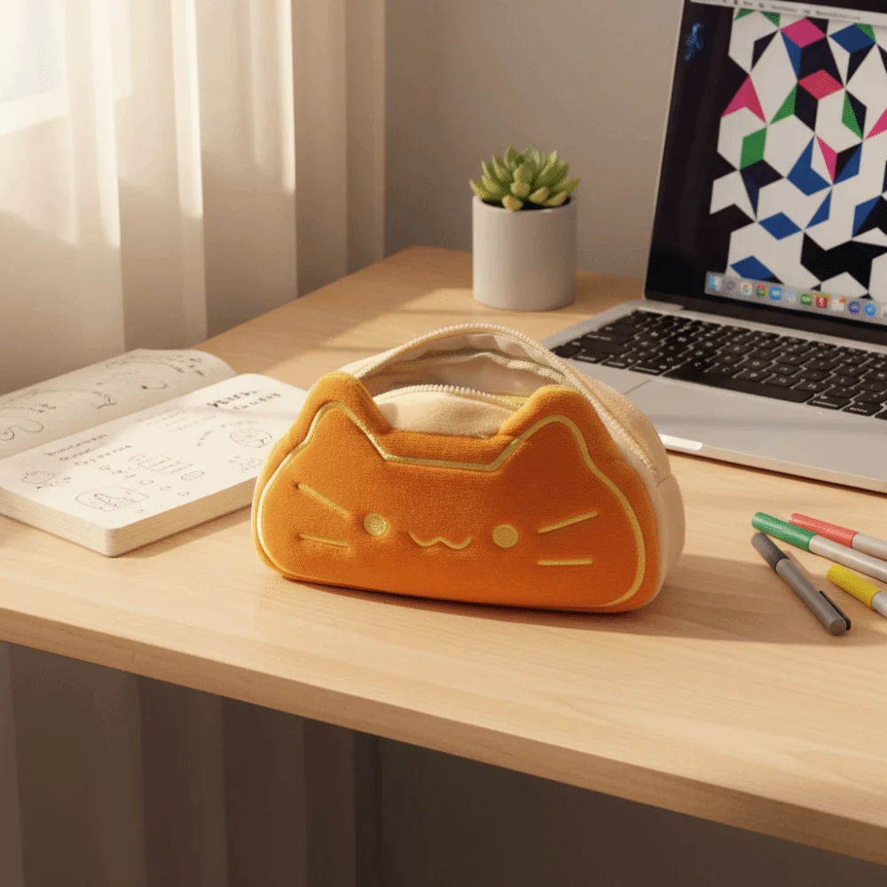 Large Capacity Caramel Cat Pen Case Cute Design Lovely Appearance Cartoon Pen Case Material Kitten Theme Pencil Bag