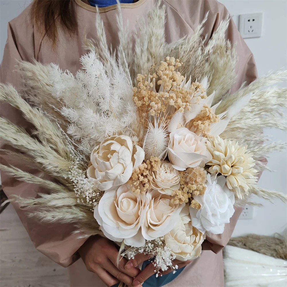 

Natural Pampas Grass Dried Flowers Bridal Bouquet Artificial Flower Vintage Wedding Bouquet for Bridesmaid,Boho Party Home Decor