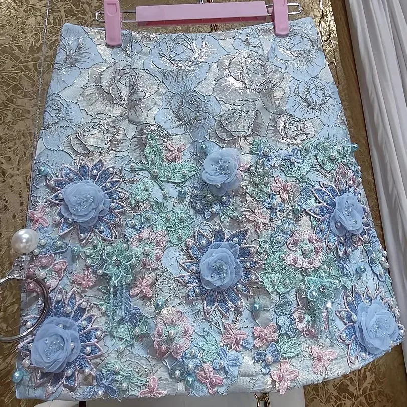 Exquisite Pearls Diamonds Beaded 3D Flowers Embroidery Sequins Skirt Luxury Lace Floral Splice A-Line Half Body Skirt Mini Dress