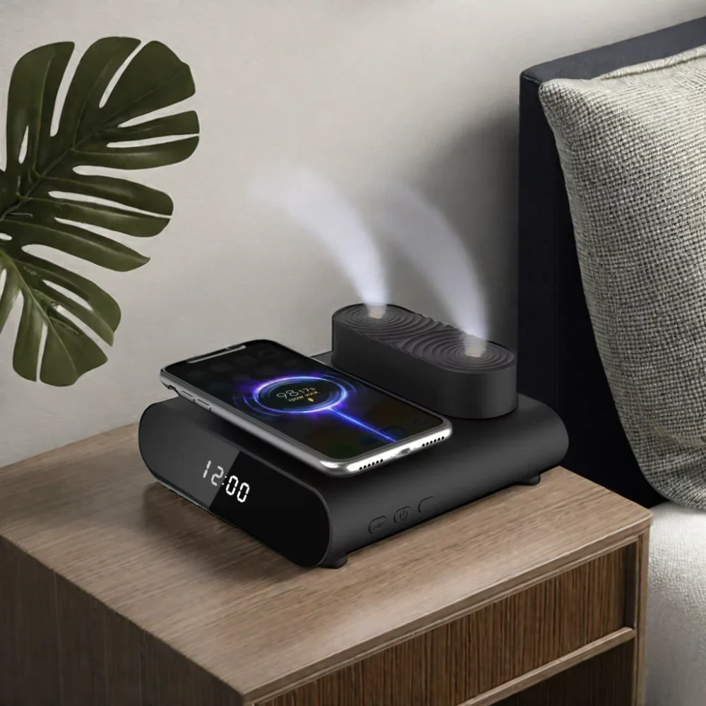 

2024 New LED Light Clock Atmosphere Small Volcanic Humidifier Wireless Charging USB Aroma Essential Oil Humidifier Humidifier