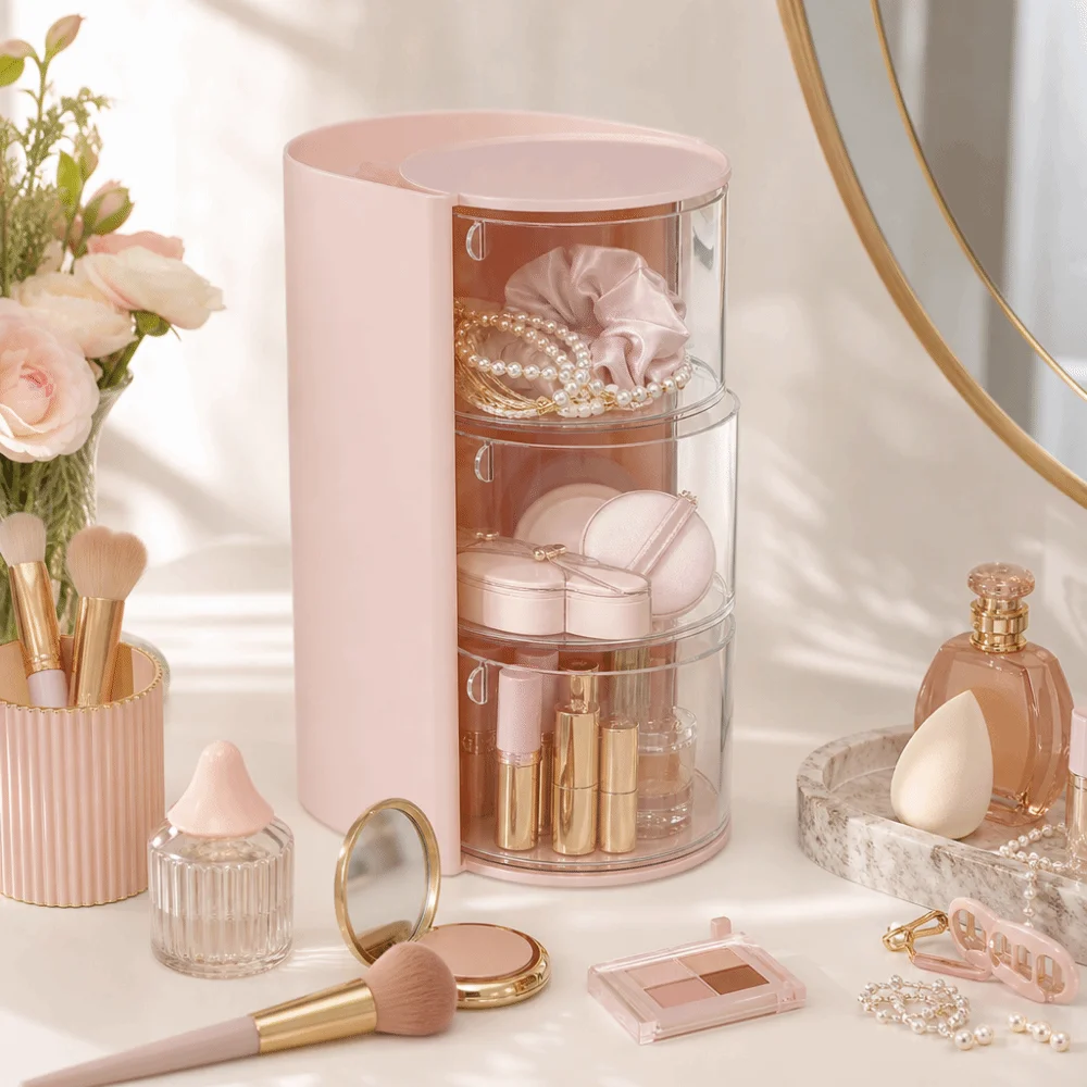 3-Layer Cosmetic Storage Box Rotating Transparent Makeup Brush Holder Drawer Style Large Capacity Jewelry Organizer Desktop
