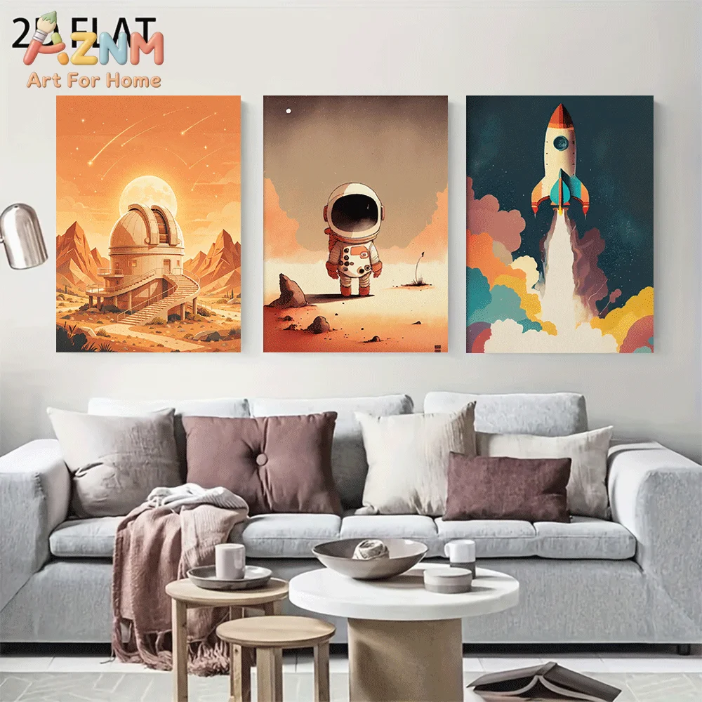AZNM Frameless Canvas Wall Art, Retro Space Astronaut Rocket Observatory Print, Vintage Mars Planet Universe Art Wall Decor for