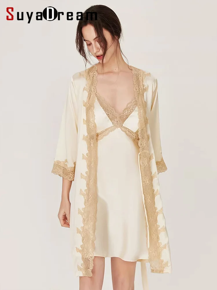 

SuyaDream, Woman Sleep Dress, 100%Real Silk Spaghetti Strap, V Neck, Lace Dresses, 2026 Spring Summer Clothes, Champagne