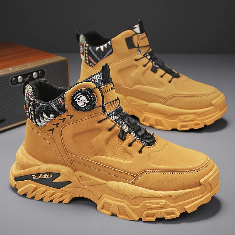 

Fashion Knob Design Yellow Boots Man Motorcycle Boots Comfort Platform Outdoor Boots For Men Quality Leather Men's Ankle Boots
