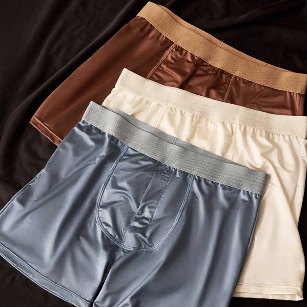 Men Satin-like Gay Ice Silk Trunks Loose Boxer Shorts Extreme Night Underwear Panties Solid Pajama Pants Men Underpants Fashion