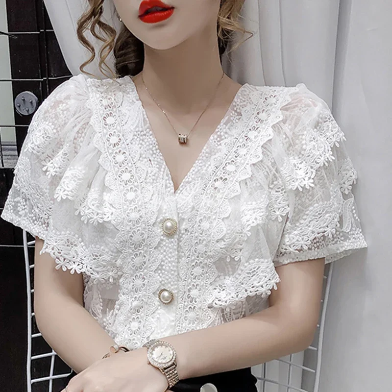 

Ruffled Stitching Elegant Lace Shirt Female V-neck Hollow Vintage Blouses Women Korean Short Sleeve Crochet Blouse Blusas 14175