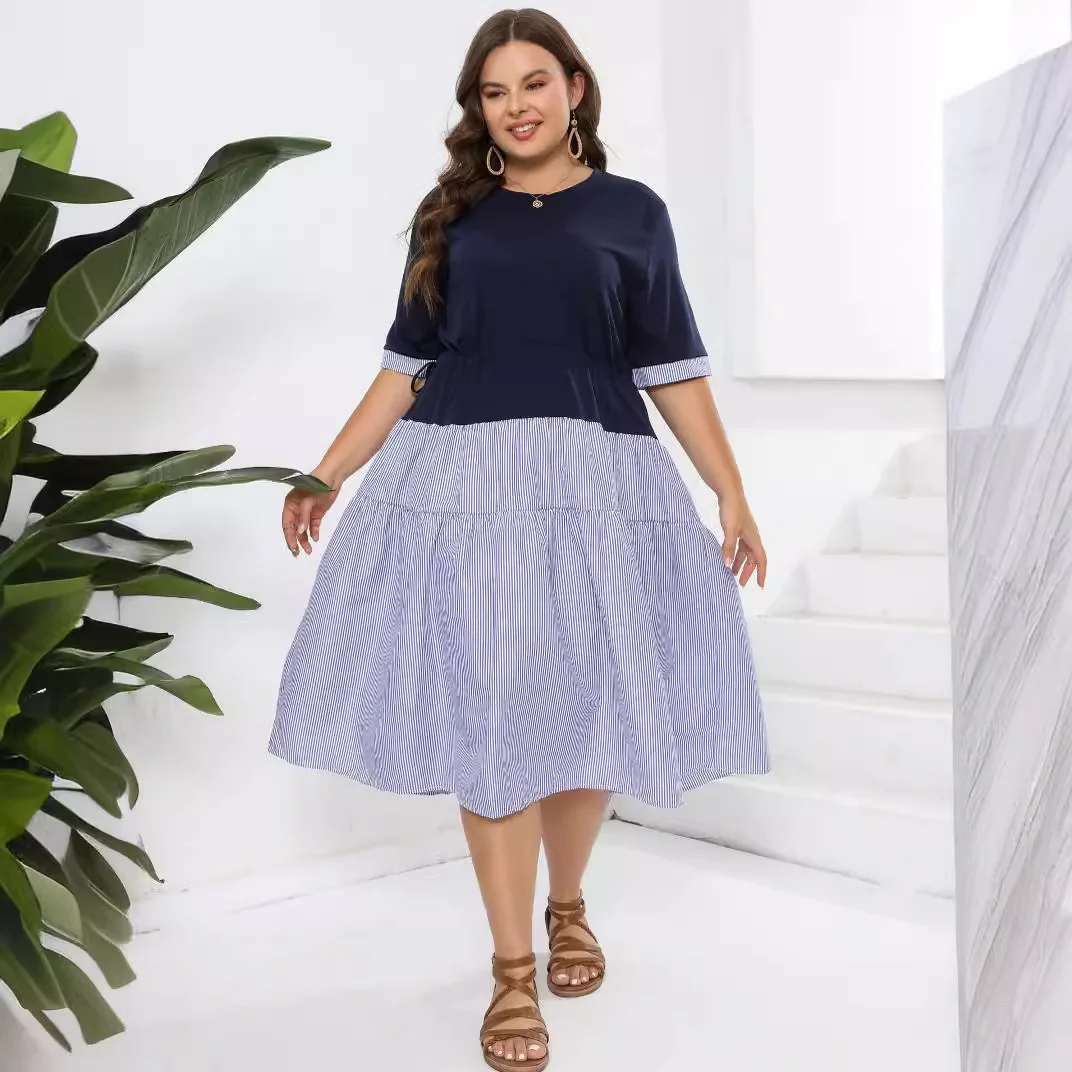 

Женское трикотажное платье больших размеров с круглым вырезом, в полоску, с запахом на талии, прямого кроя, А-силуэт, из хлопка, с боковой молнией