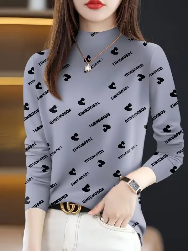 Fashionable Long Sleeve Printed T-Shirt Women's Casual Style High Neck Top Trendy Spring 2026 Garment from China for Ladies