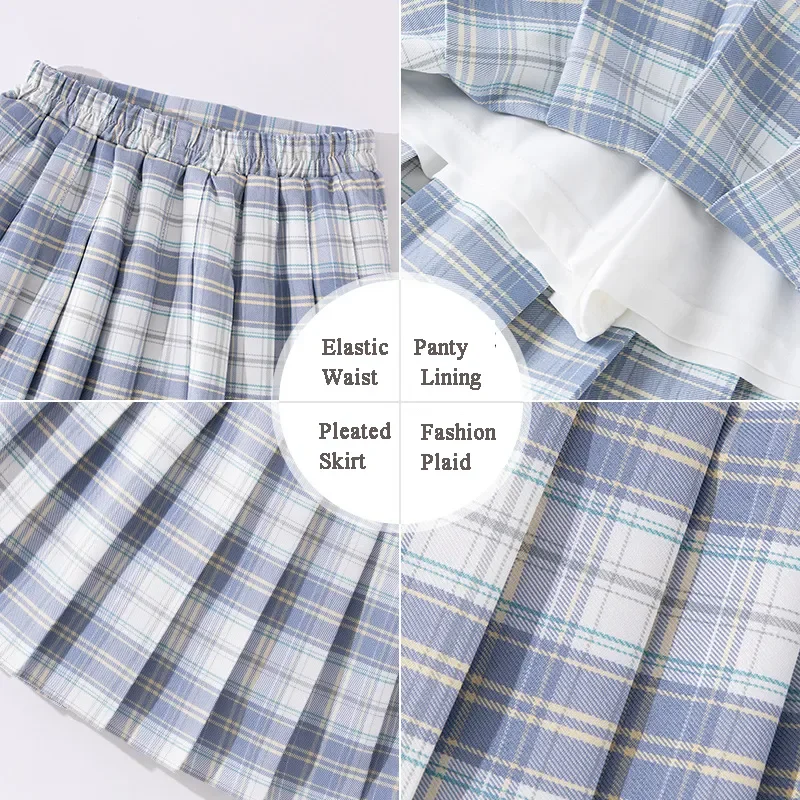 Girls Plaid Skirts Kids School Uniform Toddlers Pleated Tutu Blue Thin Slim High Waist Mini Skirts Child Costumes 2 To 13 Years