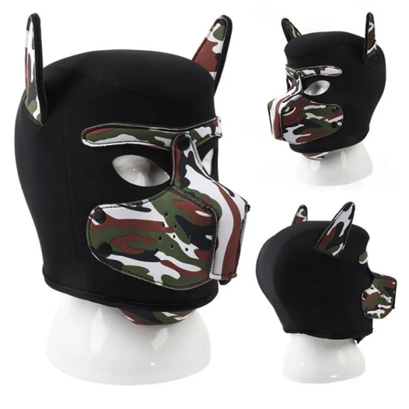 Unisex Costumes Puppy Cosplay of Men Women Open Mouth Padded Rubber Full Face Fetish Head Hood Mask Halloween Party Dog Roleplay