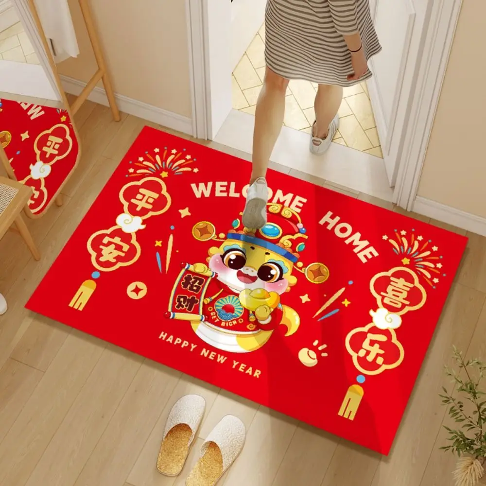 Cartoon Spring Festival Door Mat Non-slip Red Doormat Snake Year Floor Mat Snake Pattern New Year Carpet Entrance Door Rug