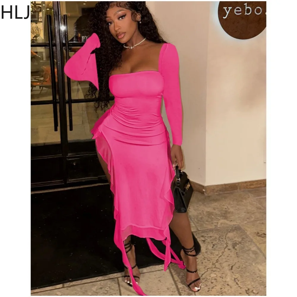 

HLJ Sexy Bodycon Mesh Patchwork High Slit Dresses Women Square Neck Long Sleeve Slim Vestidos Female Party Nightclub Clothing