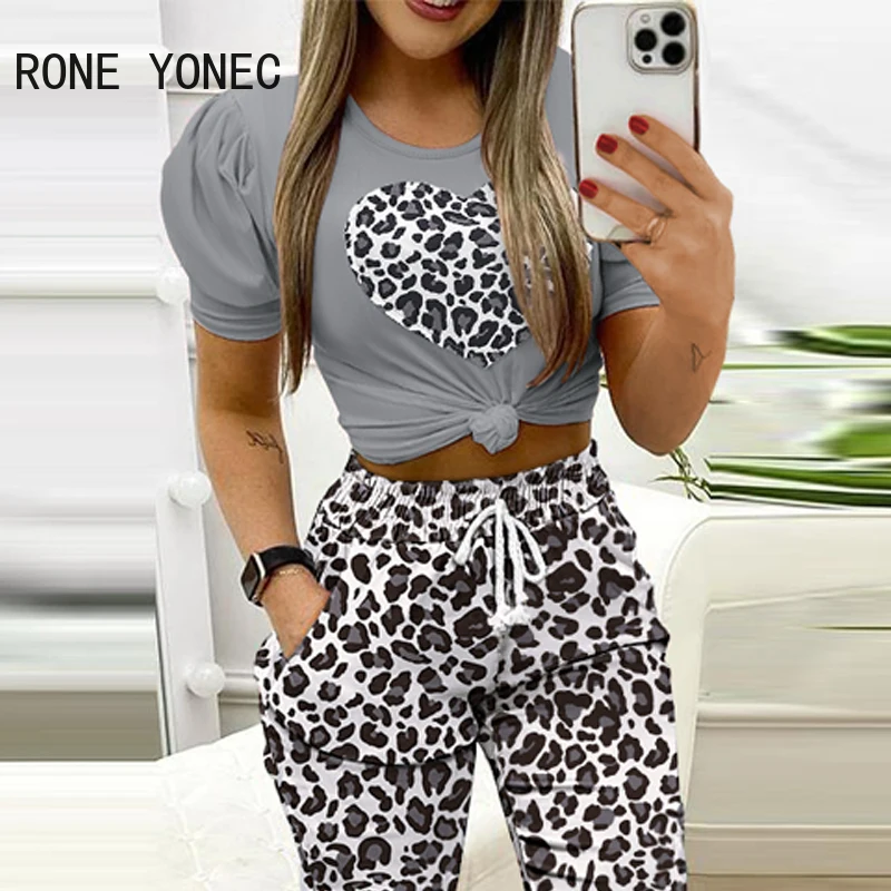 2024 Women Short Sleeves Leopard Pattern T-shirt & High Waist Cuffed Elastic Waist Two Pieces Sets