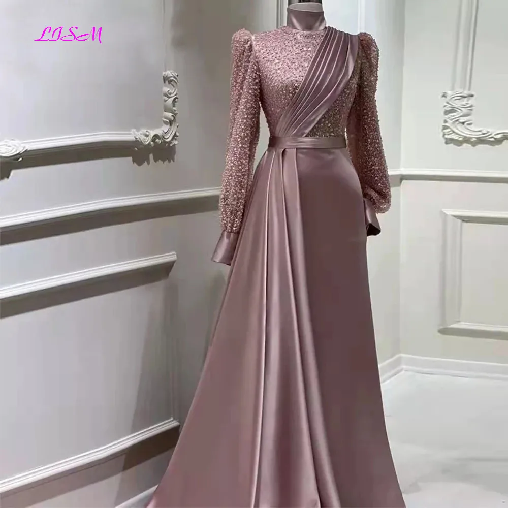 Elegant Muslim Pink Beads Sequins Evening Dress for Women High Neck Long Sleeves A-Line Prom Dresses Formal Wedding Party Gowns