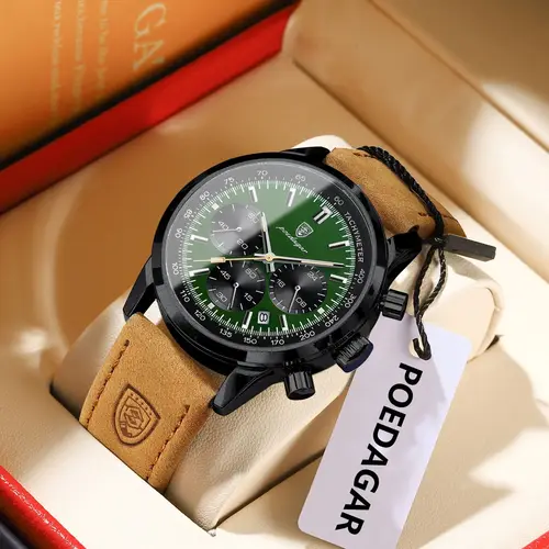Imagen 2 del producto Reloj de pulsera deportivo POEDAGAR a la moda para hombre, cronógrafo luminoso resistente al agua, reloj militar para hombre, relojes de cuarzo de lujo de cuero para hombre