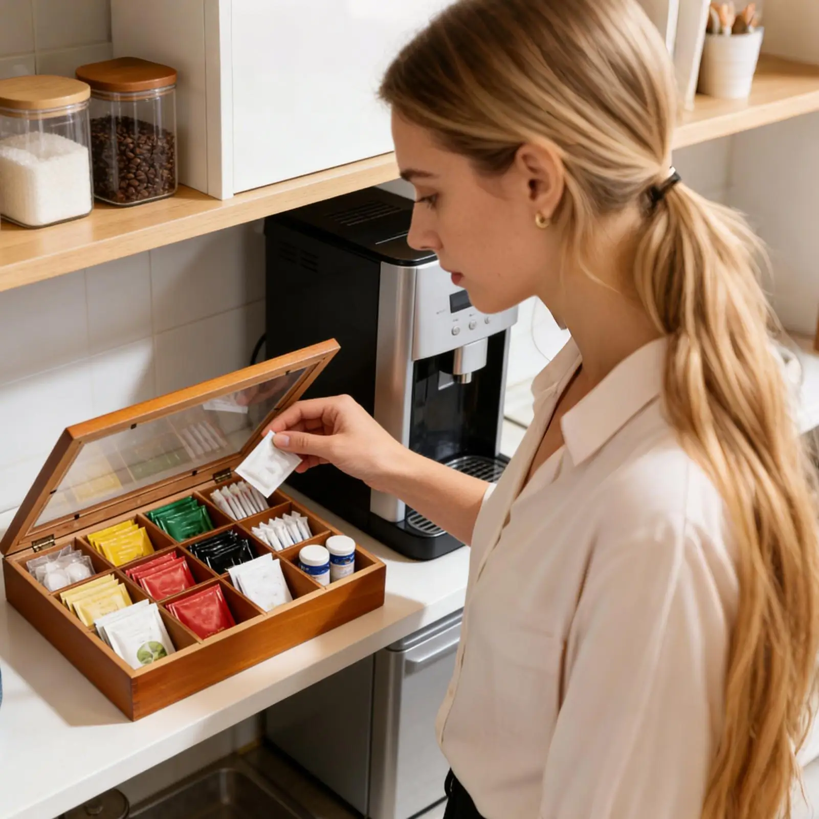 Tea Bag Storage 12-Compartments Wooden Box Tea Storage Organizer with Clear Lid for Home Kitchen Coffee Pantry Snack Packet
