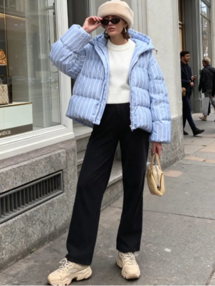 

Хлопковые куртки с капюшоном, женские зимние утепленные полосатые парки, модный дизайн, хлебная куртка, повседневные свободные пальто на молнии с капюшоном Y2k