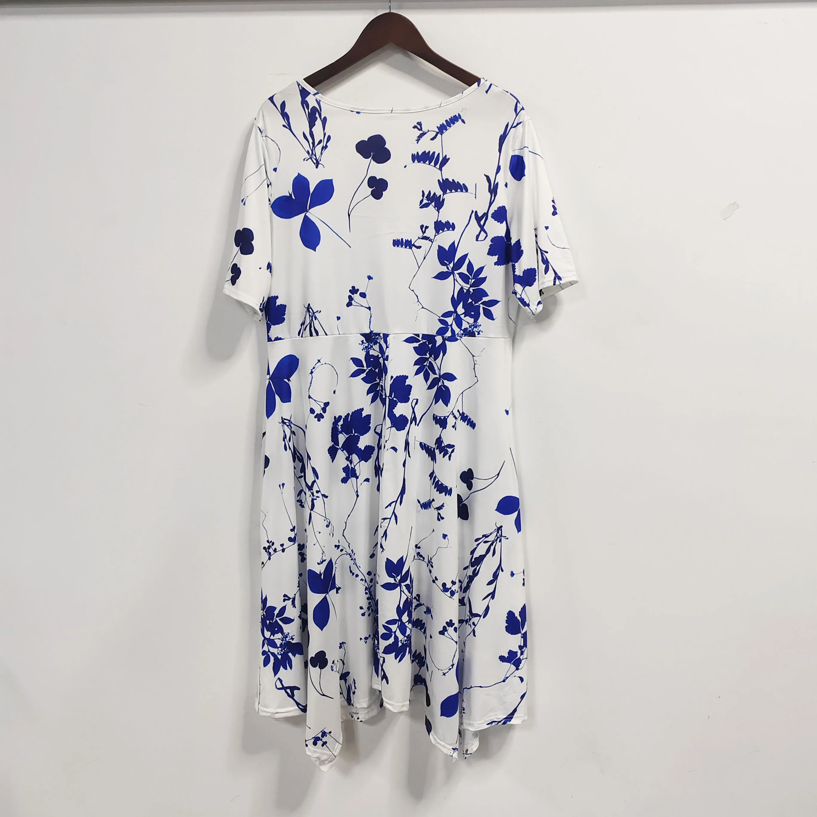 Plus Size Short Sleeve Dress V Neck Pleated Blue and White Porcelain Print Irregular Long Skirt Pullover Fashion Women's Clothin