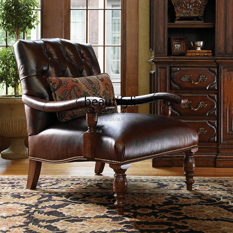 American country solid wood tiger chair leather single chair high-end living room sofa chair high back