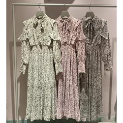 Kuzuwata 2024 Japanese Vestidos De Mujer Elegant Stand Neck Bandage Flower Print Robe Femme Long Sleeve Pleated Slim Dresses