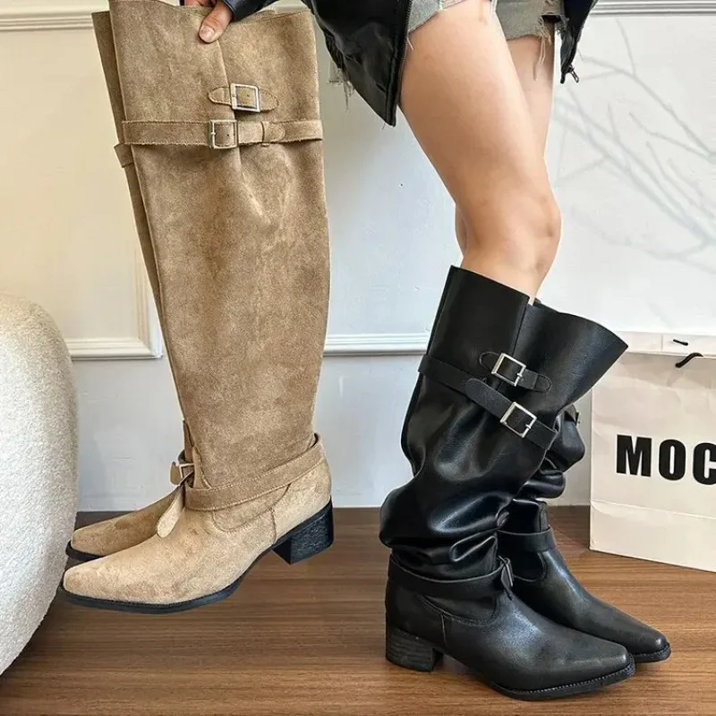 Women Retro Pointed Toe Knee High Knight Boots Polyurethane Material Thick Heel Slimming Large Tube Autumn Winter Casual Shoes