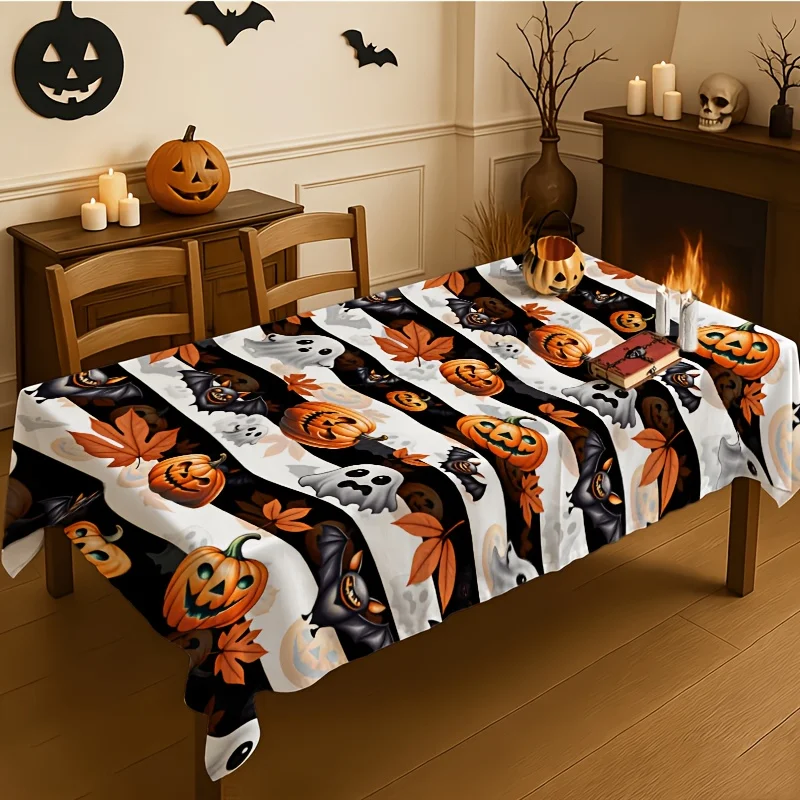 One Halloween-themed tablecloth with a pumpkin, ghost face, bat and leaf decorations, made of polyester rectangle tableclothzyc