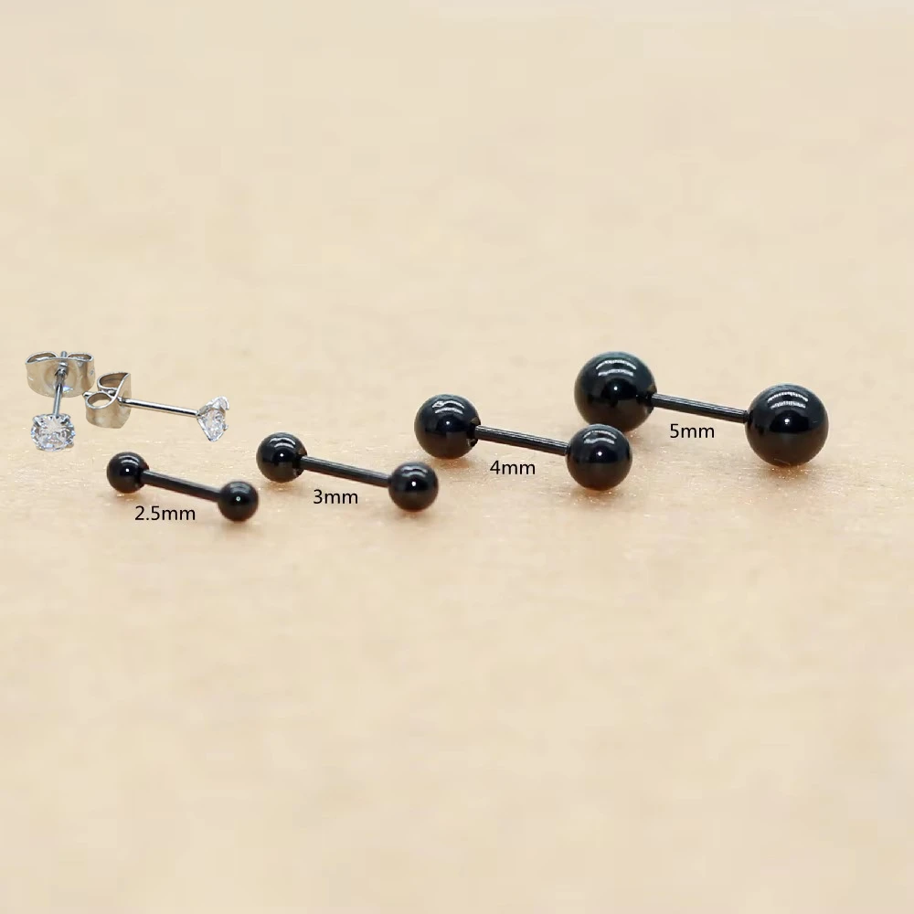 Gift 0.8mm Fine Needle Black Titanium Screw-back Round Ball Stud Earrings For Women Men 316l Stainless Steel Earring Jewelry