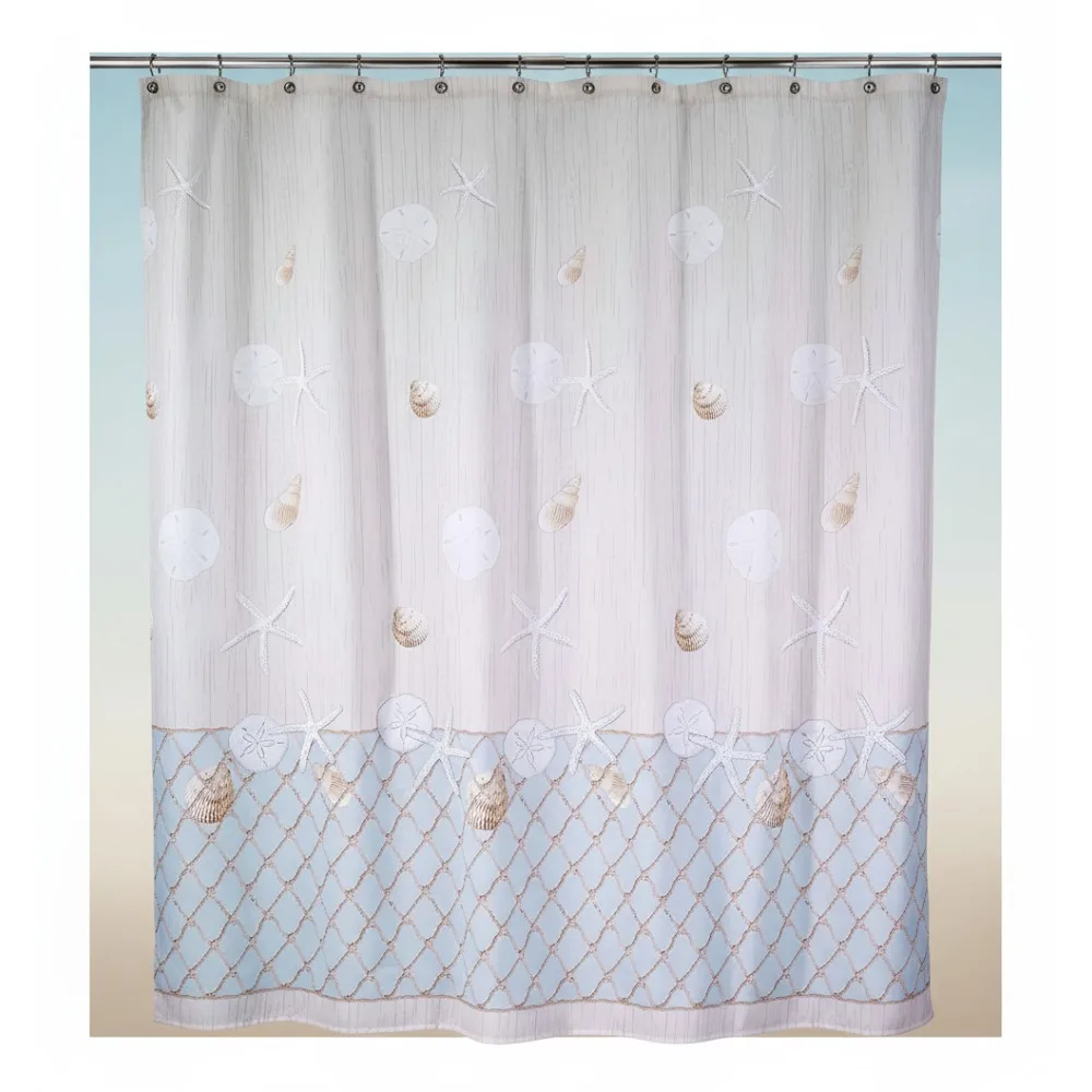

Beach Inspired Fabric Shower Curtain with Seashells & Starfish - Coastal Bathroom Decor for Nautical Theme