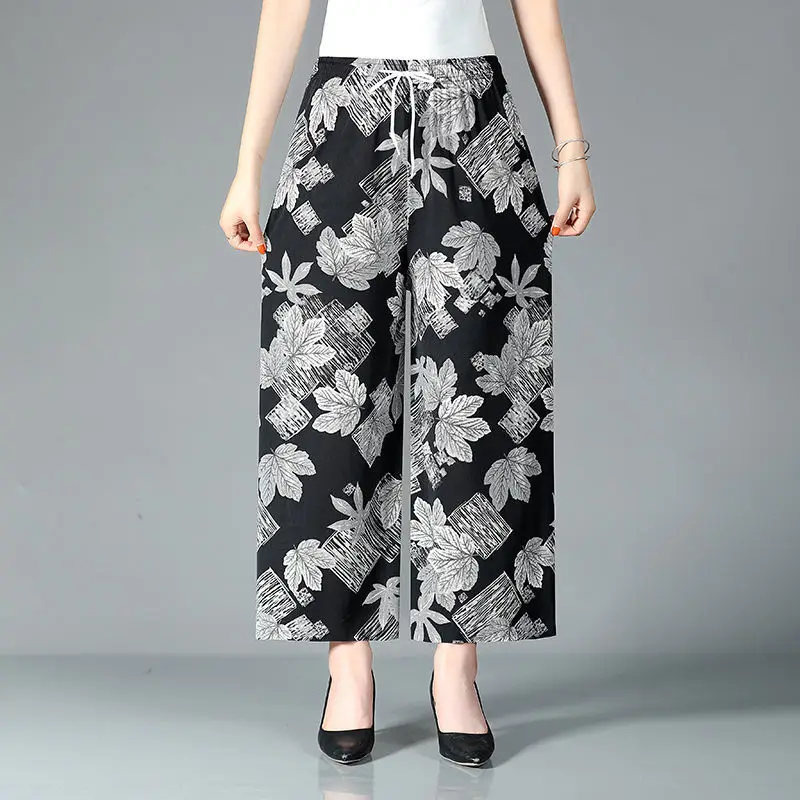 Folk Printed Vintage Casual Pants Female Clothing High Waist Elastic Fashion Drawstring 2024 Summer Thin Wide Leg Cropped Pants