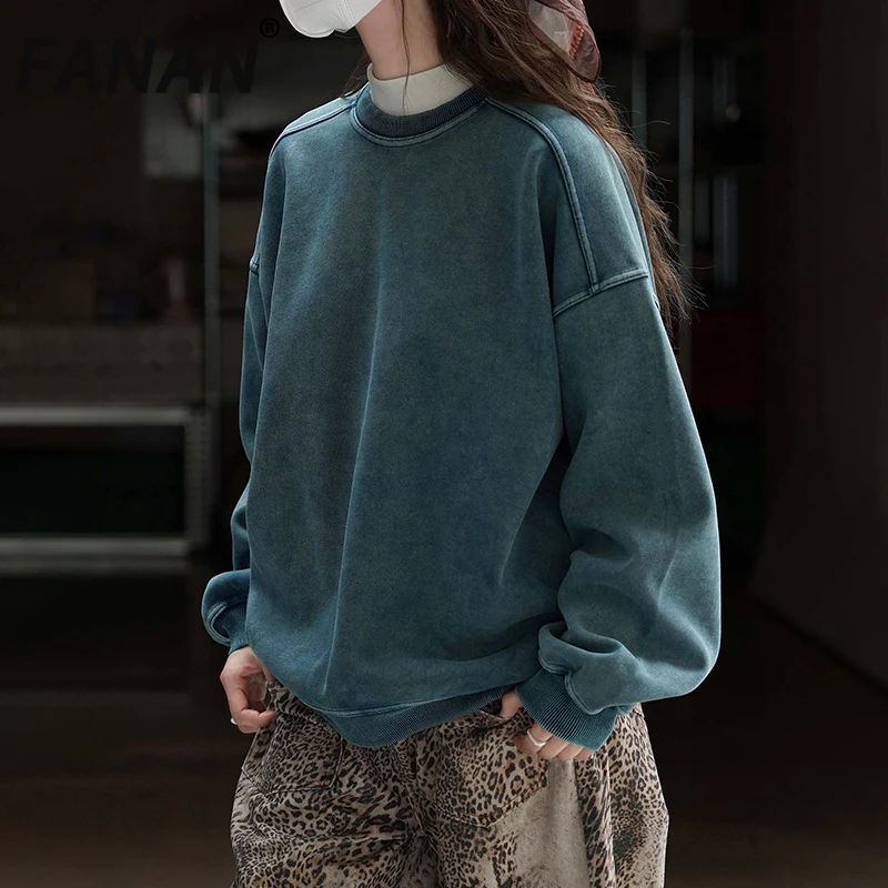 

FANAN винтажный стираный пуловер, толстовка для женщин, повседневные толстые теплые топы с круглым вырезом и длинными рукавами, женская одежда, новинка зимы