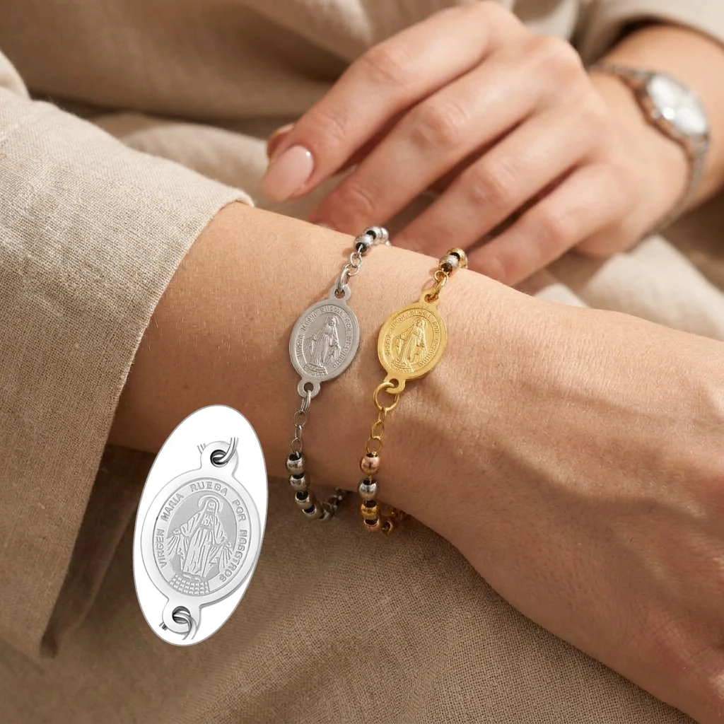 Minimalist Stainless Steel Rosary Bracelet, Silver Color Cross Virgin Mary Hand Wristband, Waterproof Tarnish-Free Faith Jewelry