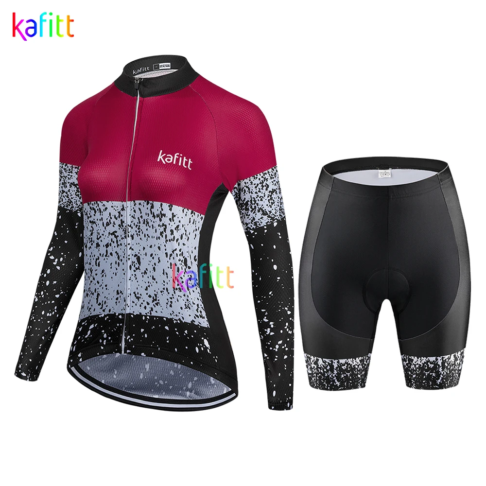 

2023 Kafitt Red Women‘s Long Sleeve Cycling Jersey Bib Short Sets Quick-drying Macacao Feminino Breathable 20D Gel Pad Summer