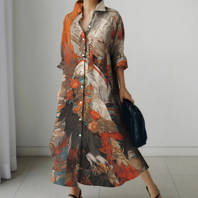 2024 New Japanese Portrait Print Autumn Long Sleeve Shirt Dress Street Fashion Single Breasted Long Skirt Loose And Comfortable