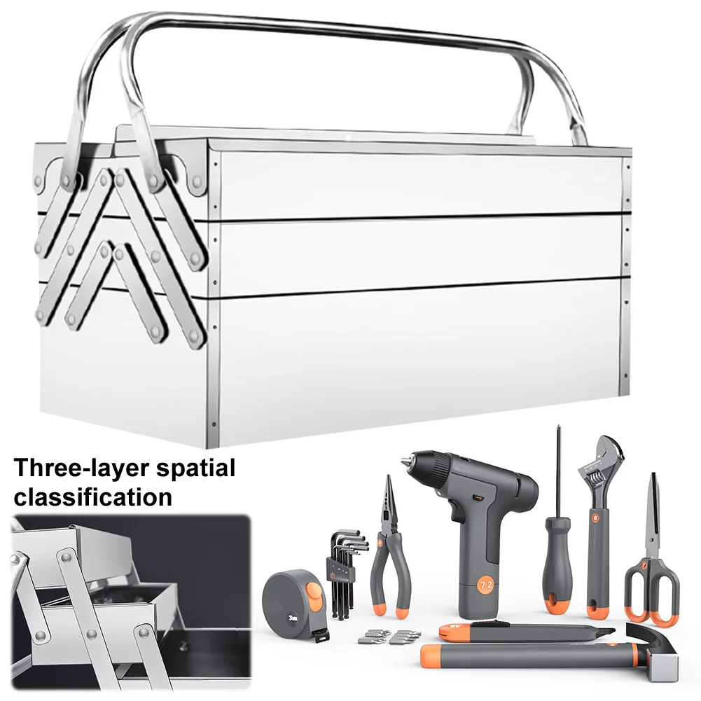 

Stainless Steel Foldable Tool Box Metal Tool Box 3 Layer 5 Retractable Tray Compact Organizer for DIY Outdoor & Construction Use