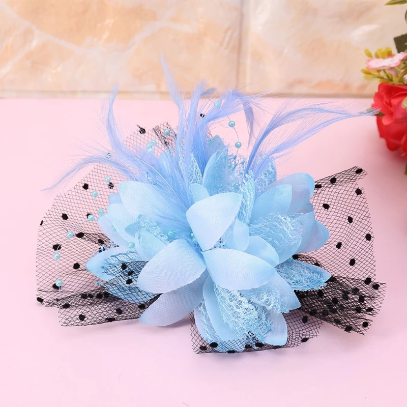 E15E Mesh Veil Fascinator Hat Flower Pearl Wedding Cocktail Headwear