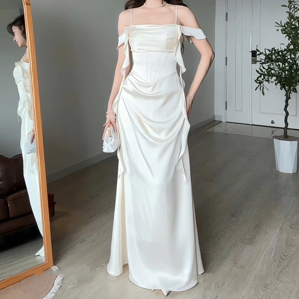 

Customized A-line Evening Dresses Floor-length Spaghetti Strap Sleeveless Prom Gown Fashion Backless Lace-up Draped Party Gown