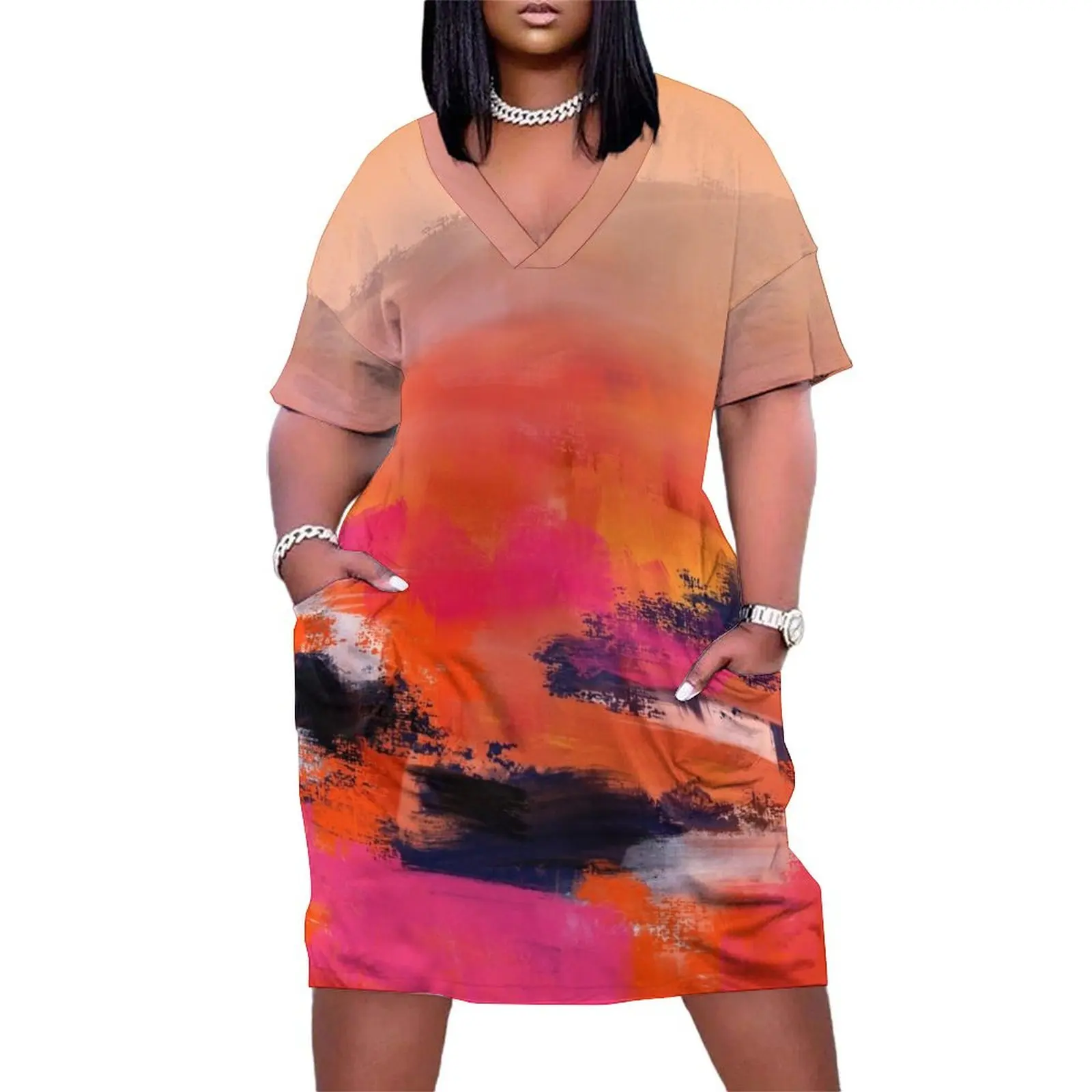 

Warm Pink and Orange Abstract Flower Field Loose Pocket Dress ladies dresses for special occasion purple dress women dress