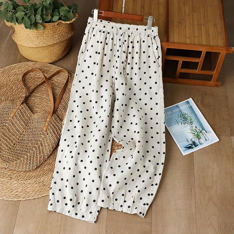 

Весенние новые широкие брюки ханбок в горошек, женские летние художественные свободные брюки в стиле ретро с эластичной резинкой на талии, повседневные хлопковые брюки...