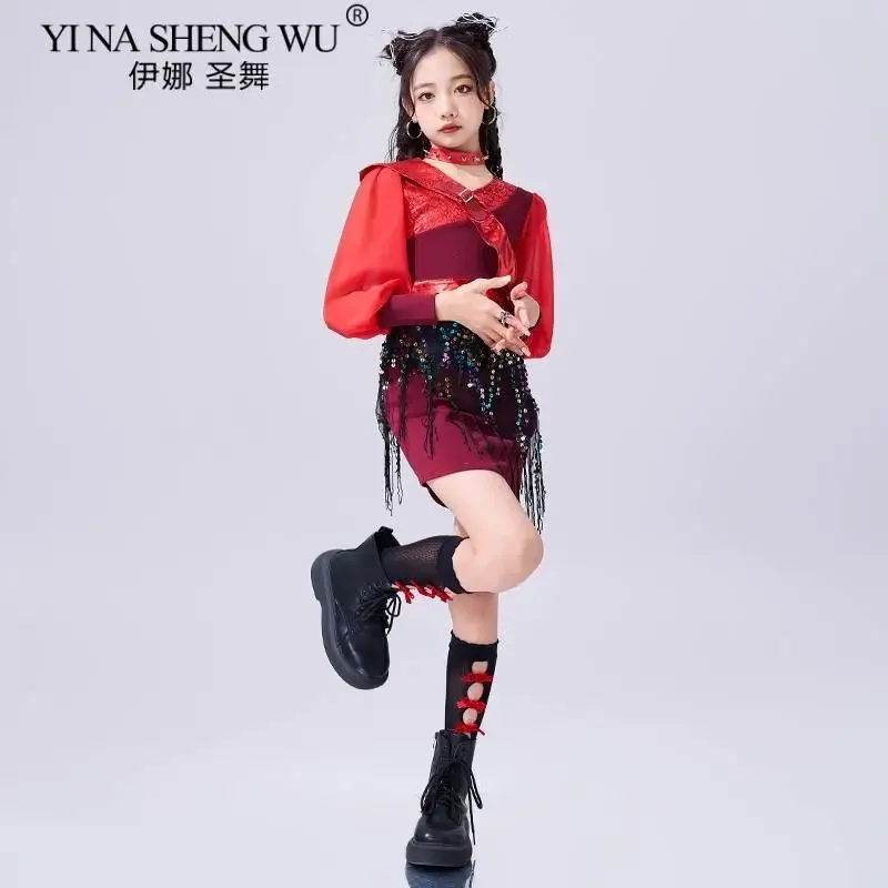 girls-group-jazz-dance-clothes-children's-k-pop-dance-hip-hop-street-dance-performance-costume-red-long-sleeved-top-skirt-set