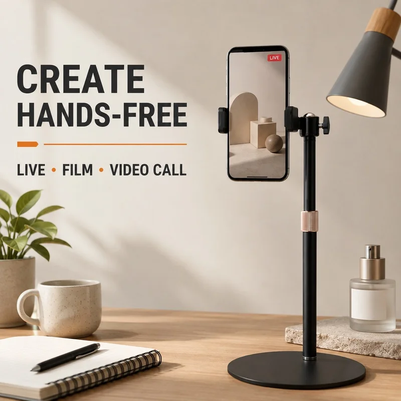 Metal Phone Stand for Live Streaming Adjustable Telescopic Desktop Mobile Holder for Video Recording Online Meetings and Movies