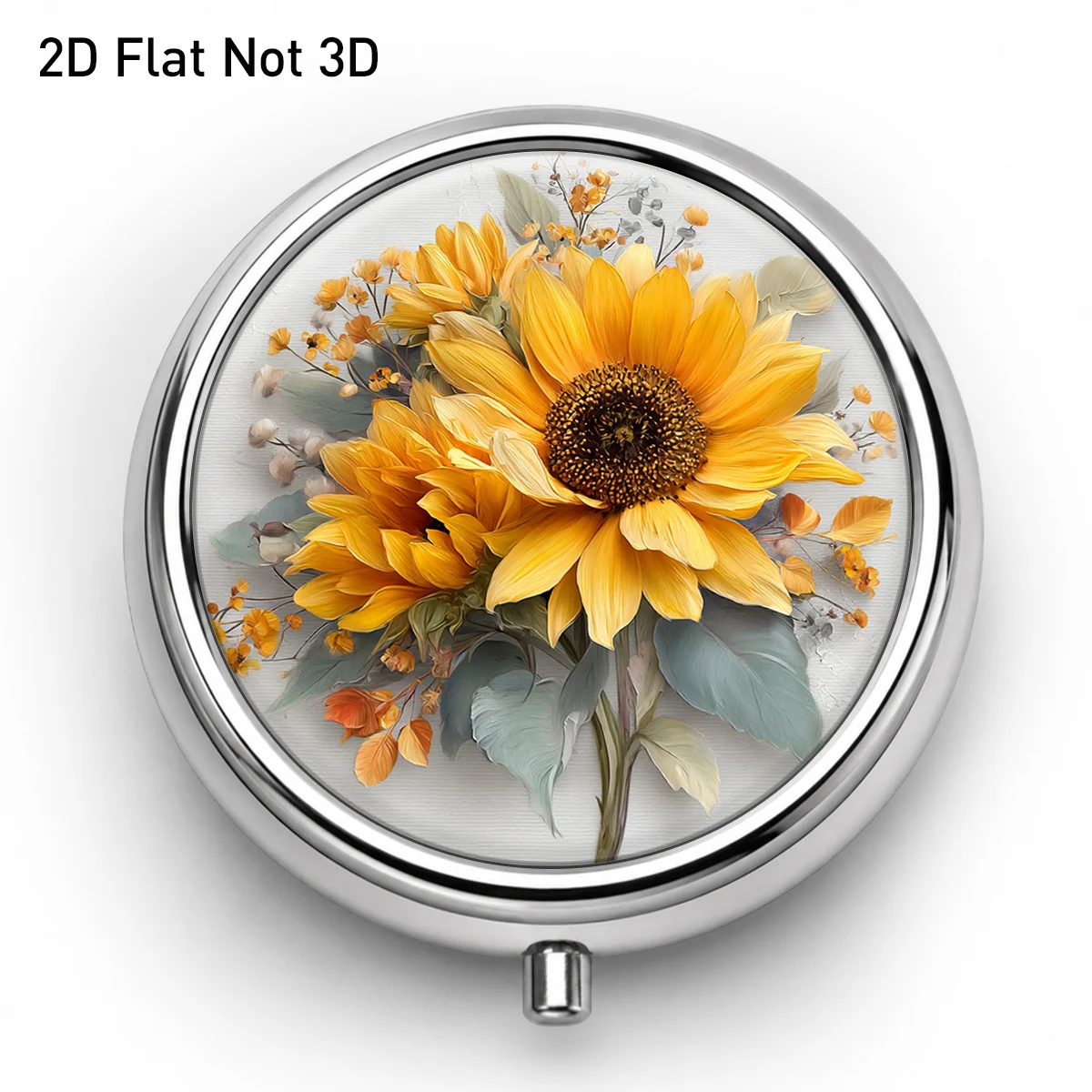 Round Metal Pill Box with Sunflower Bouquet Pattern, Three-Compartment Portable Storage Box, Small Item Organizer for Jewelry, Medicines, and Vitamins, Fresh and Natural Floral Appearance, Easy to Organize with Compartments, Lightweight and Exquisite, a Must-Have for Travel and Daily Life