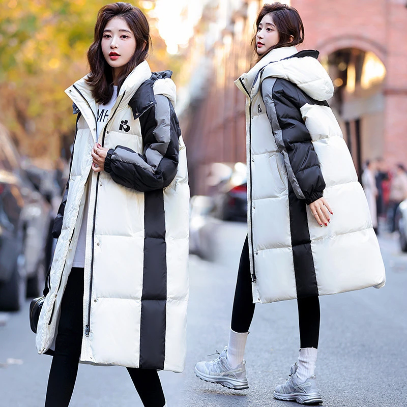 

Windproof Puffer Coats for Women, Thick Warm Hooded Outerwears, Color Clash, Casual, Trendy, High Street Down Jackets Winter New