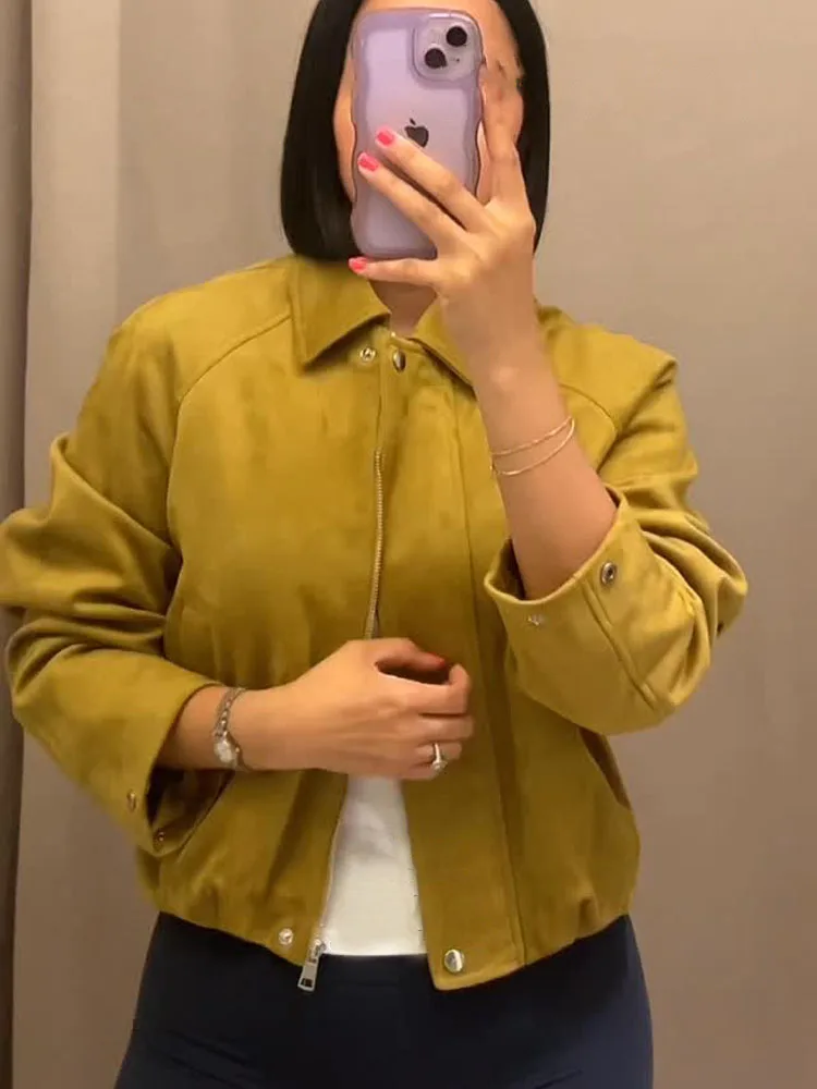 

HH 2023, осеннее женское шикарное пальто с отложным воротником и карманами на молнии, уличные пальто, женская элегантная короткая куртка с длинными рукавами