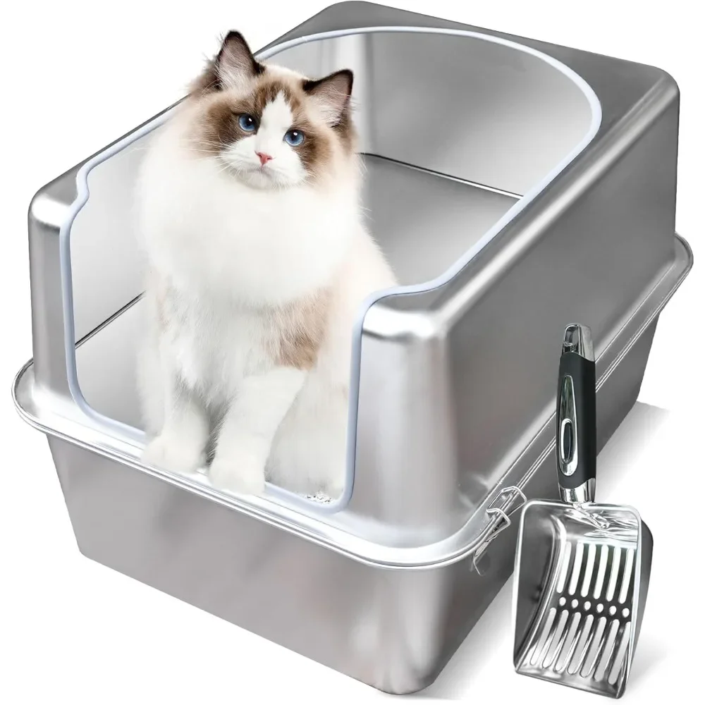 

New Upgraded Stainless Steel Litter Box with Metal Lid and Scoop - Enclosed Metal Litter Box for Large Cats, Rust-Resistant
