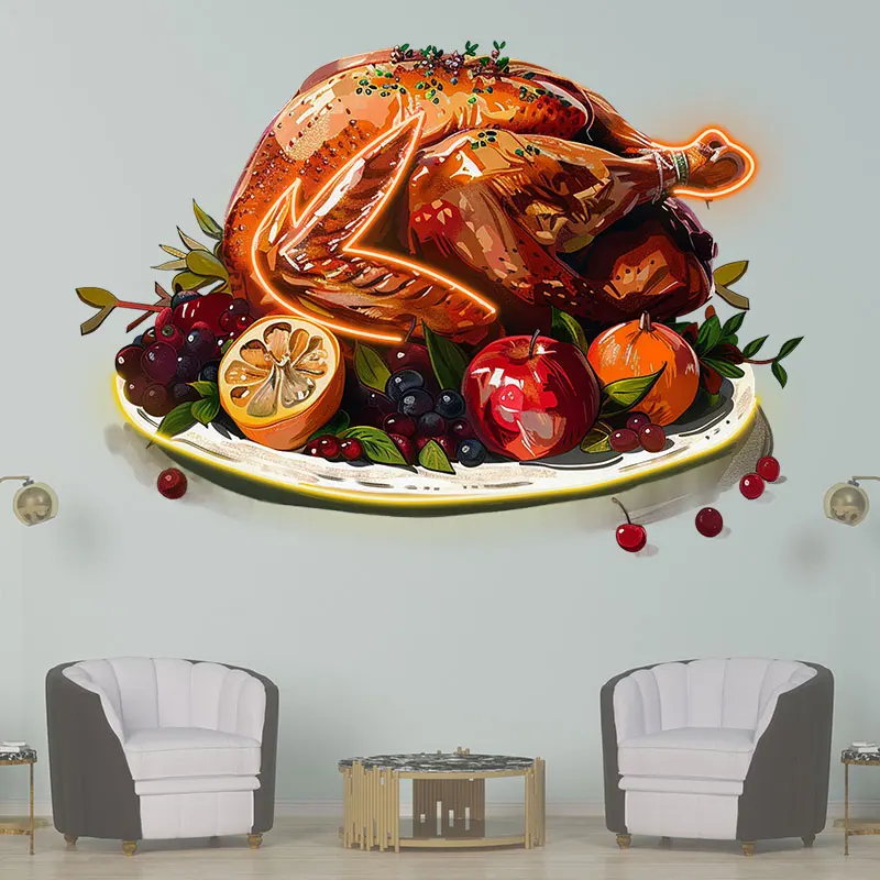 Festive Roast Turkey Neon Light, Vibrant Holiday Feast with Fruits & Herbs, Perfect for Thanksgiving & Seasonal Kitchen Decor