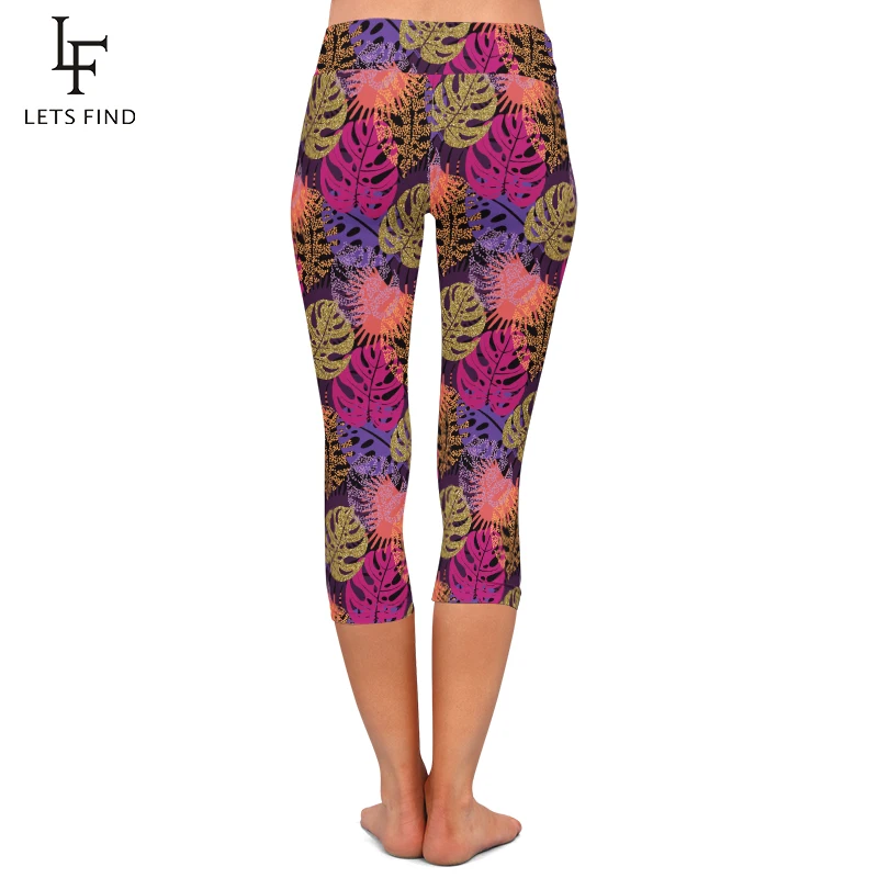 LETSFIND New Leaf Print Frauen Hosen Hohe Taille 220gsm Milch Seide Mid-Waden Elastische Stretch Hosen Lässig Capri Leggings